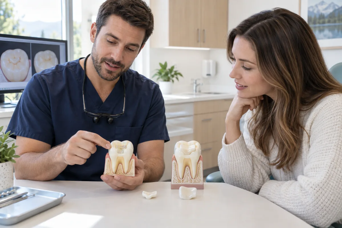 Dentist using tooth models to compare dental inlays and onlays with an adult patient