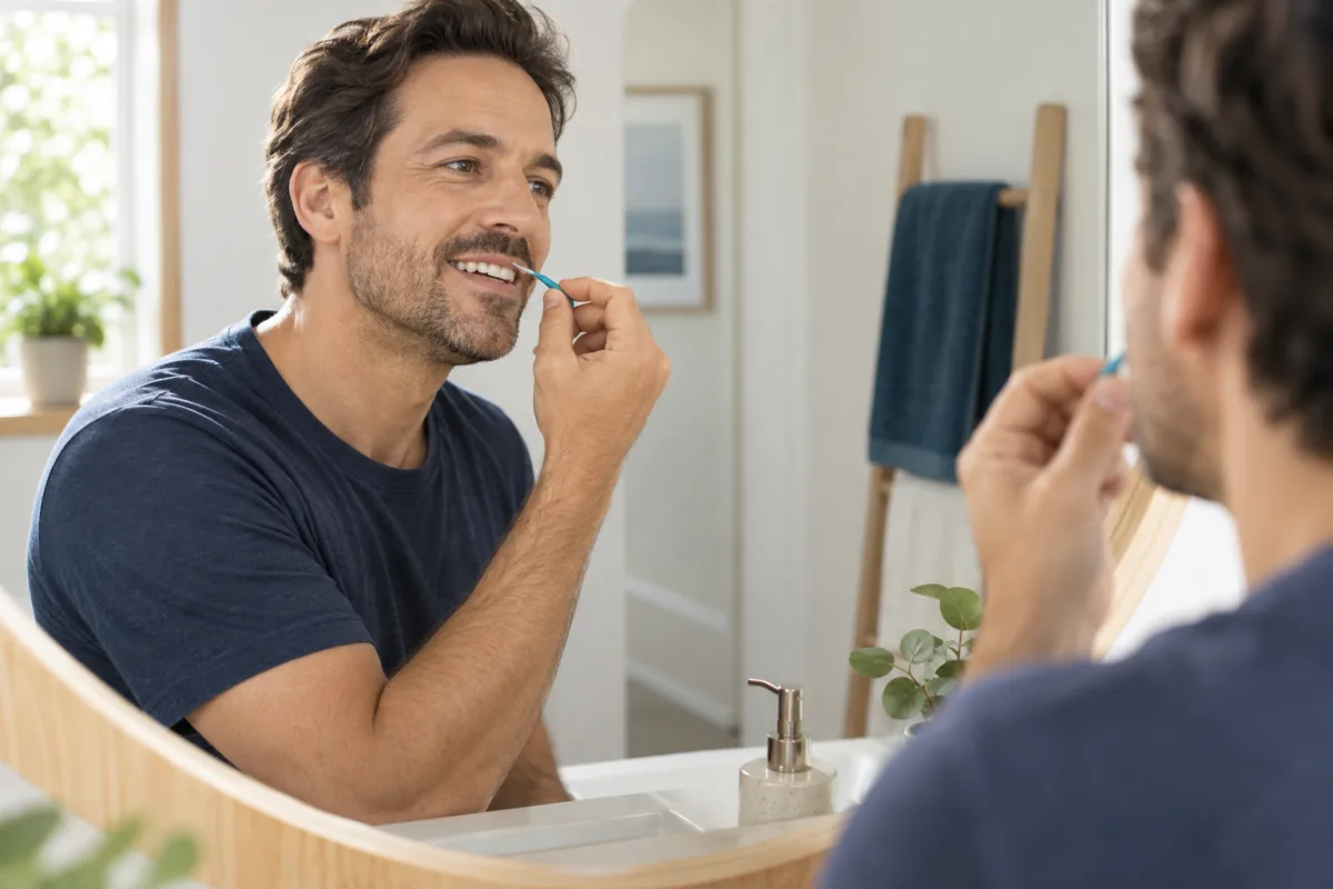 Adult using an interdental brush as part of a daily gum-care routine
