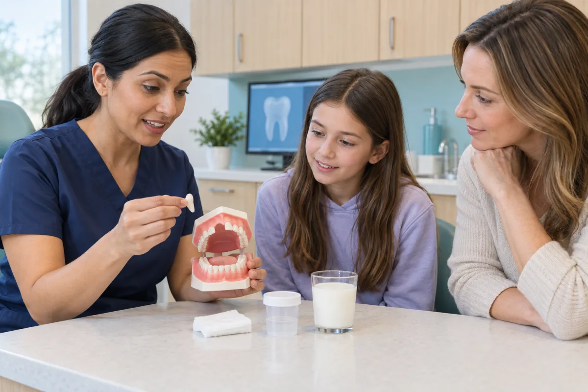 Dentist using a tooth model, milk and first-aid supplies to teach a parent and child about knocked-out permanent tooth care