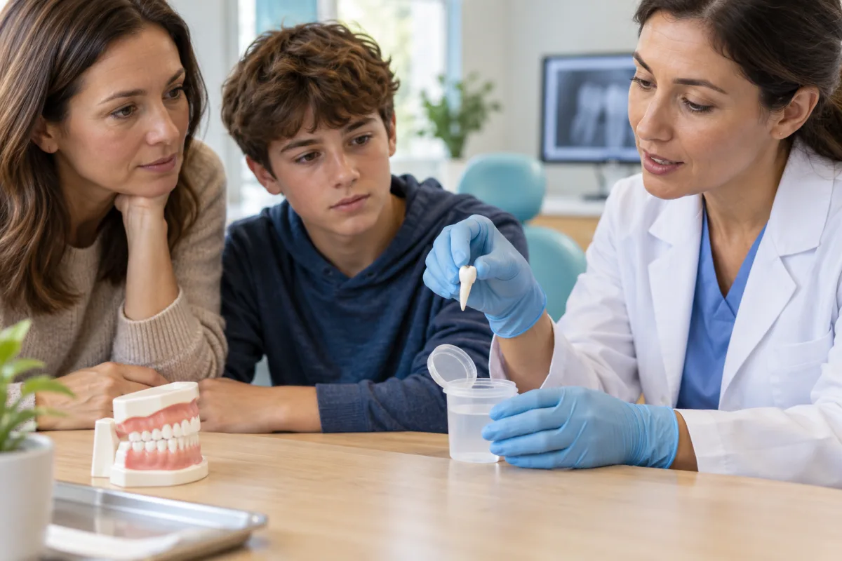 Dentist demonstrating how to hold a replica permanent tooth by its crown beside a tooth-preservation container