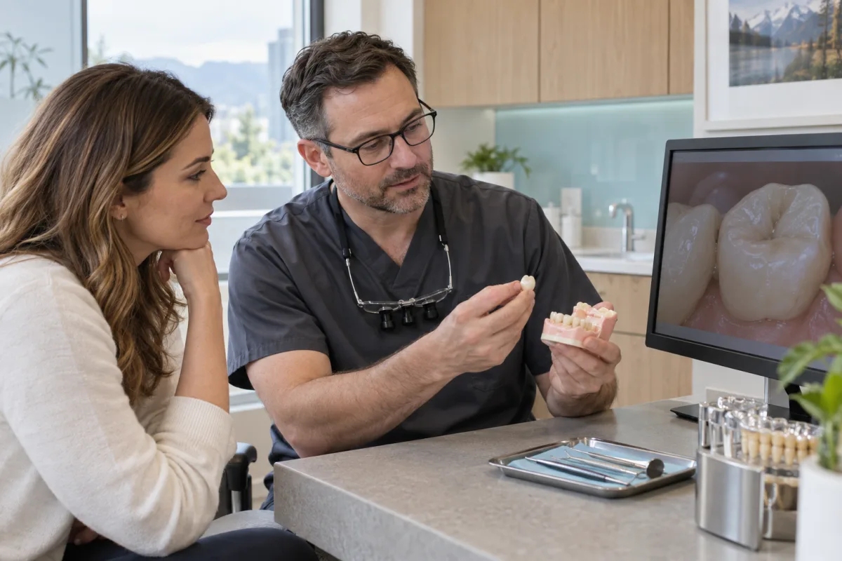 Dentist comparing a patient’s lost crown with a dental model before deciding whether it can be recemented