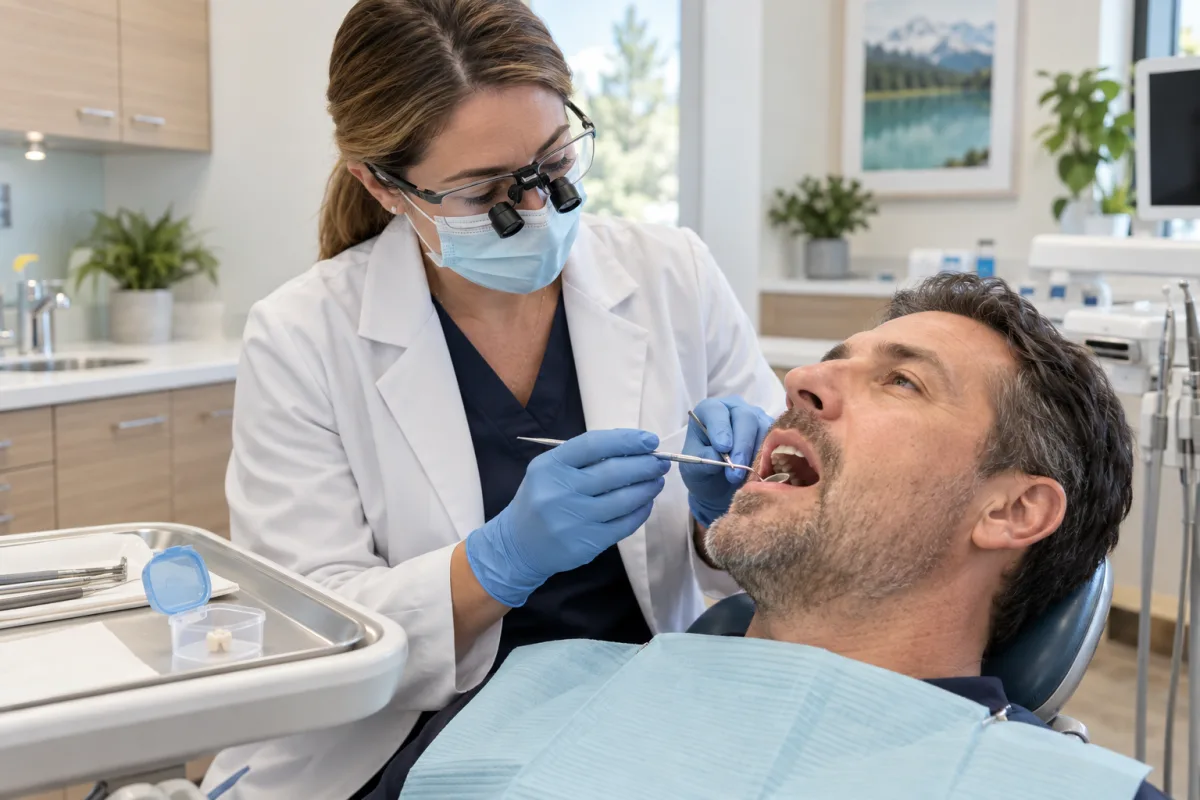 Dentist examining an exposed prepared tooth while the patient’s lost crown is stored in a clean container
