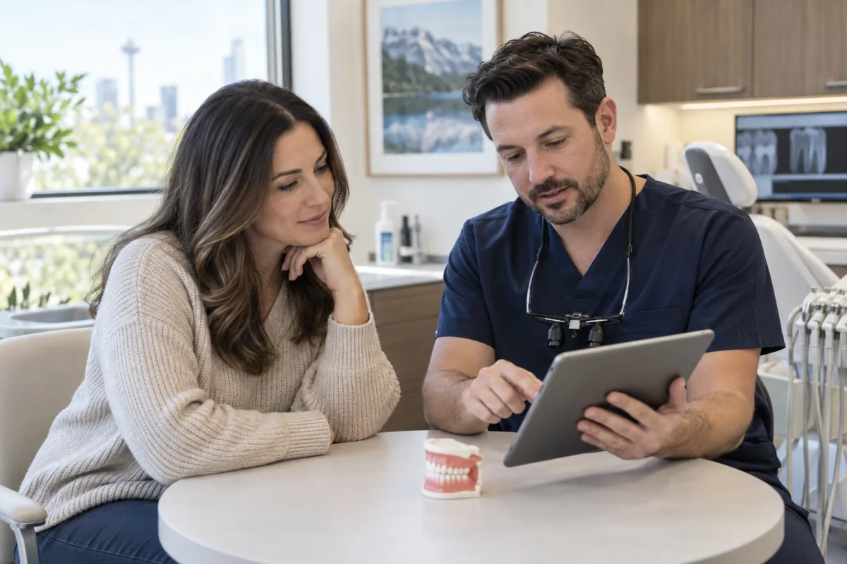 Dentist and new patient reviewing a personalized oral-health plan on a tablet