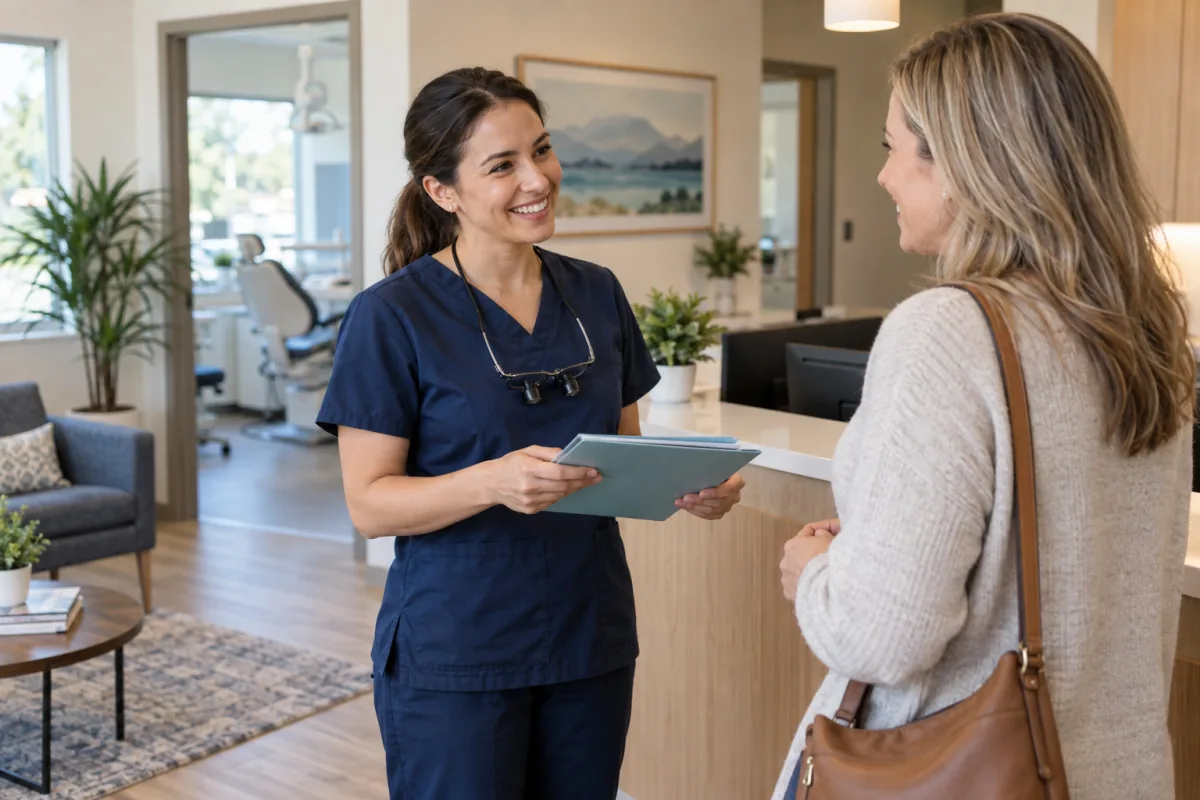 Dental professional warmly welcoming a new adult patient to the office
