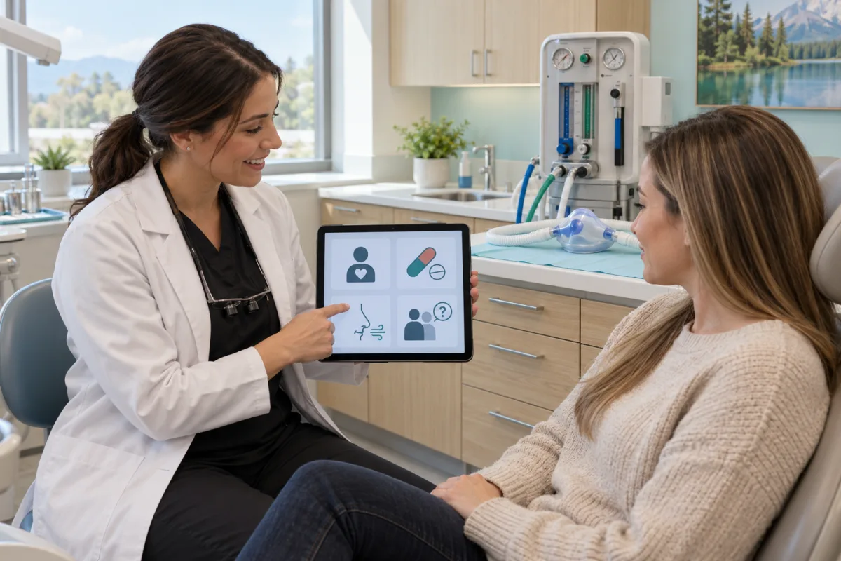 Dentist reviewing medical history beside a nitrous oxide nasal mask before treatment