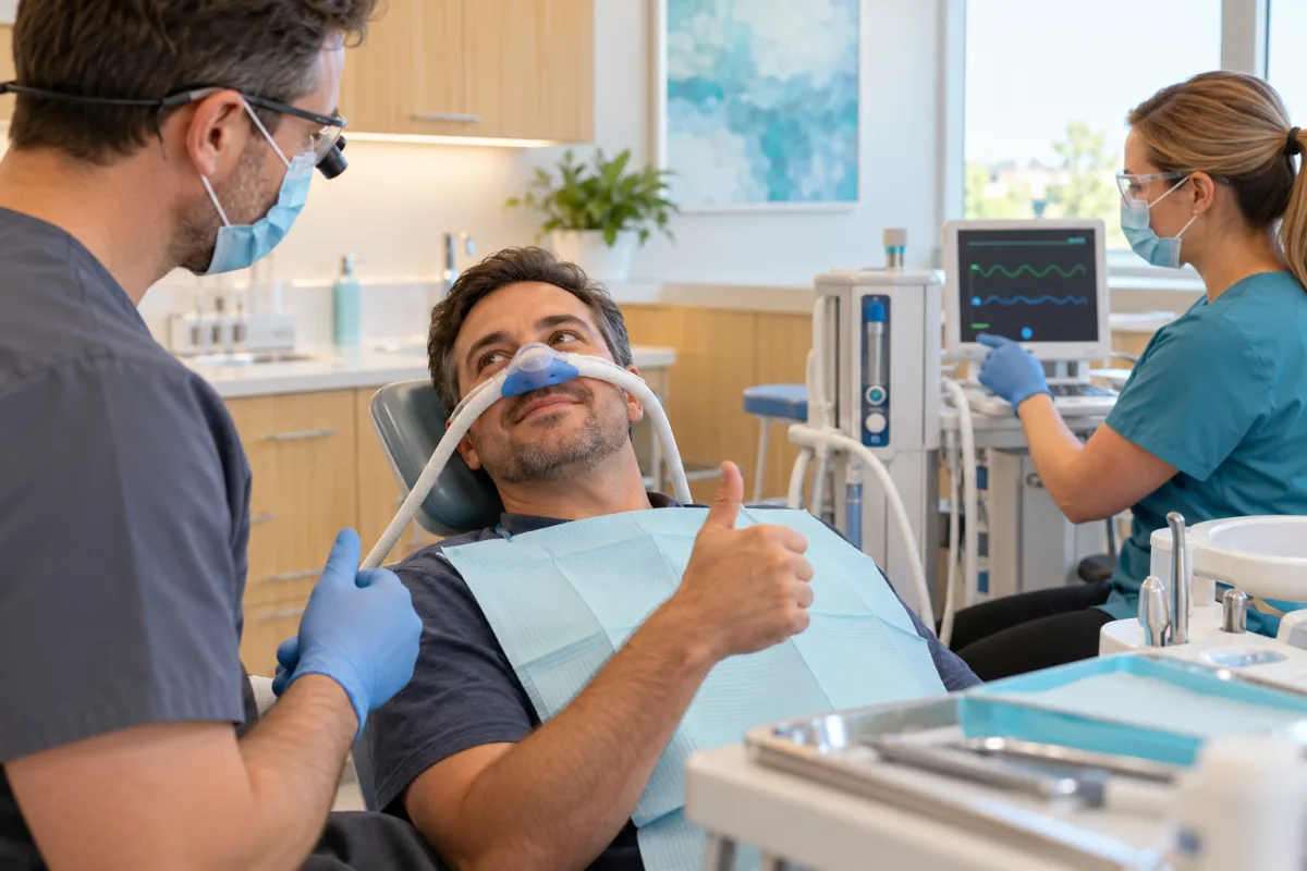 Responsive adult patient wearing a nitrous oxide nasal mask while the dental team monitors treatment