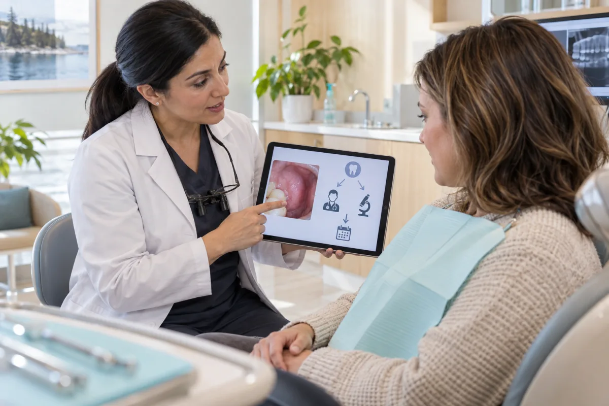 Dentist discussing a documented oral finding and referral plan with an adult patient