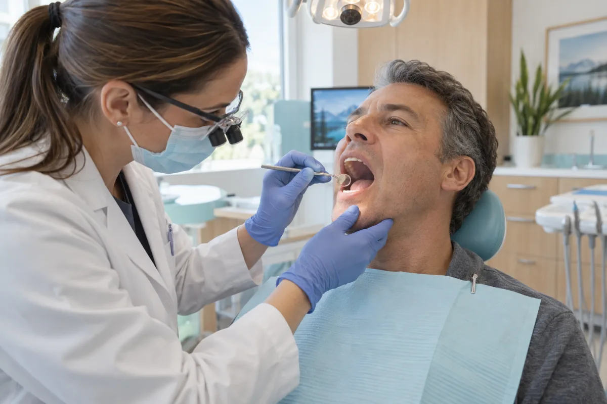 Dentist using a mirror and light to perform a visual and tactile oral cancer examination