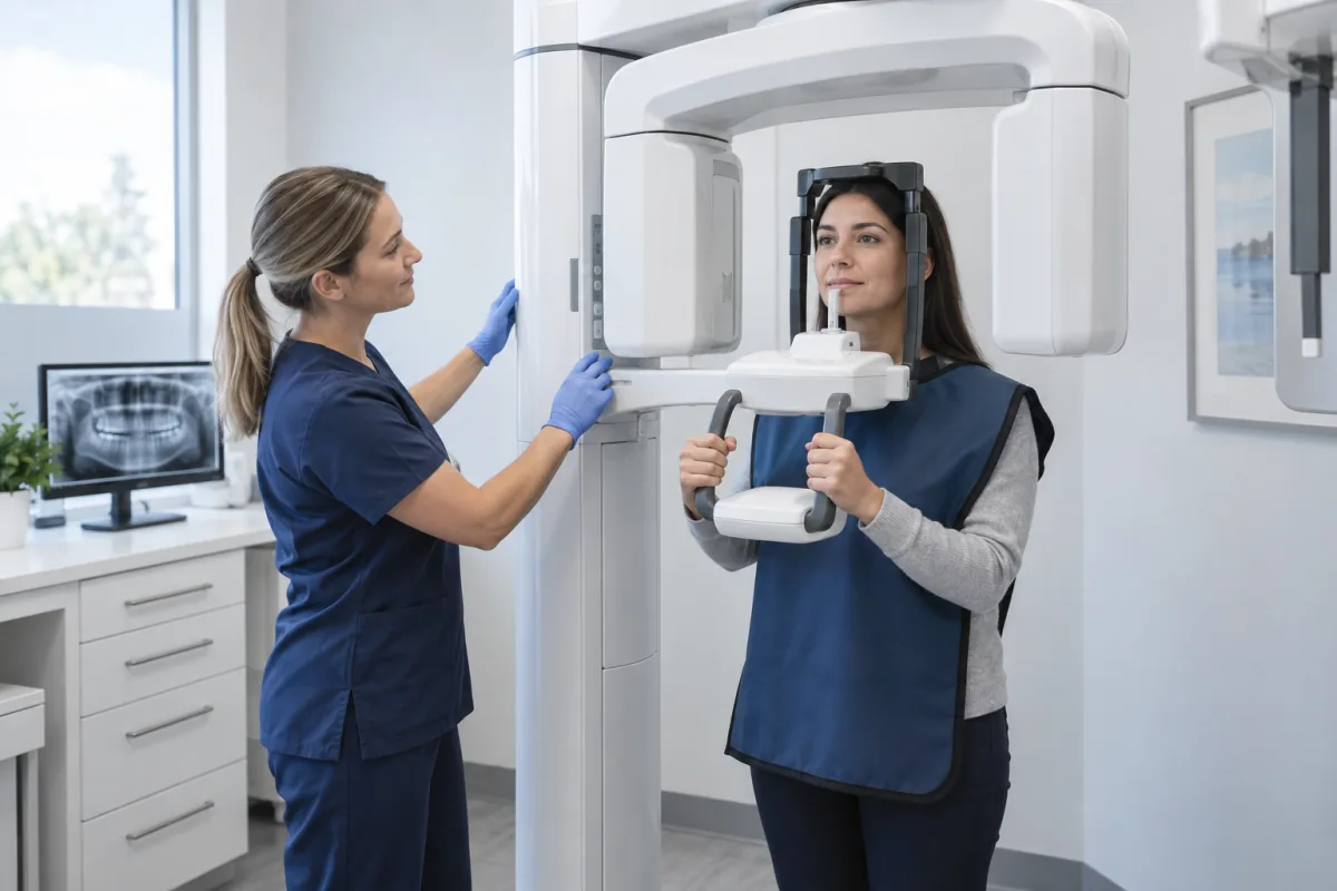 Adult patient calmly positioned for a panoramic dental X-ray