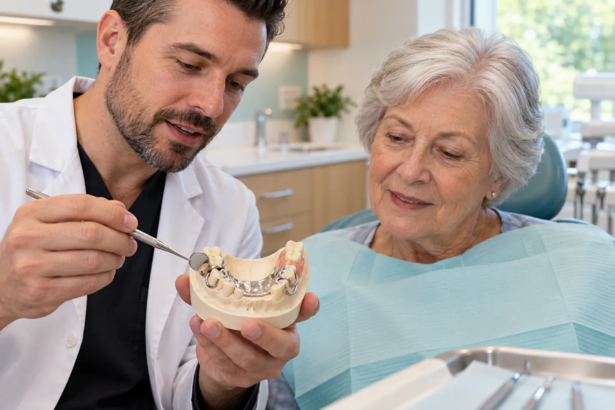 Dentist reviewing support teeth and clasp placement on a removable partial denture model