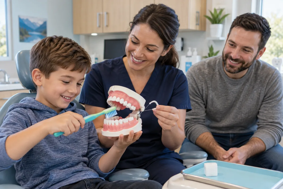 Child practising brushing while a dental professional demonstrates flossing on an oversized tooth model