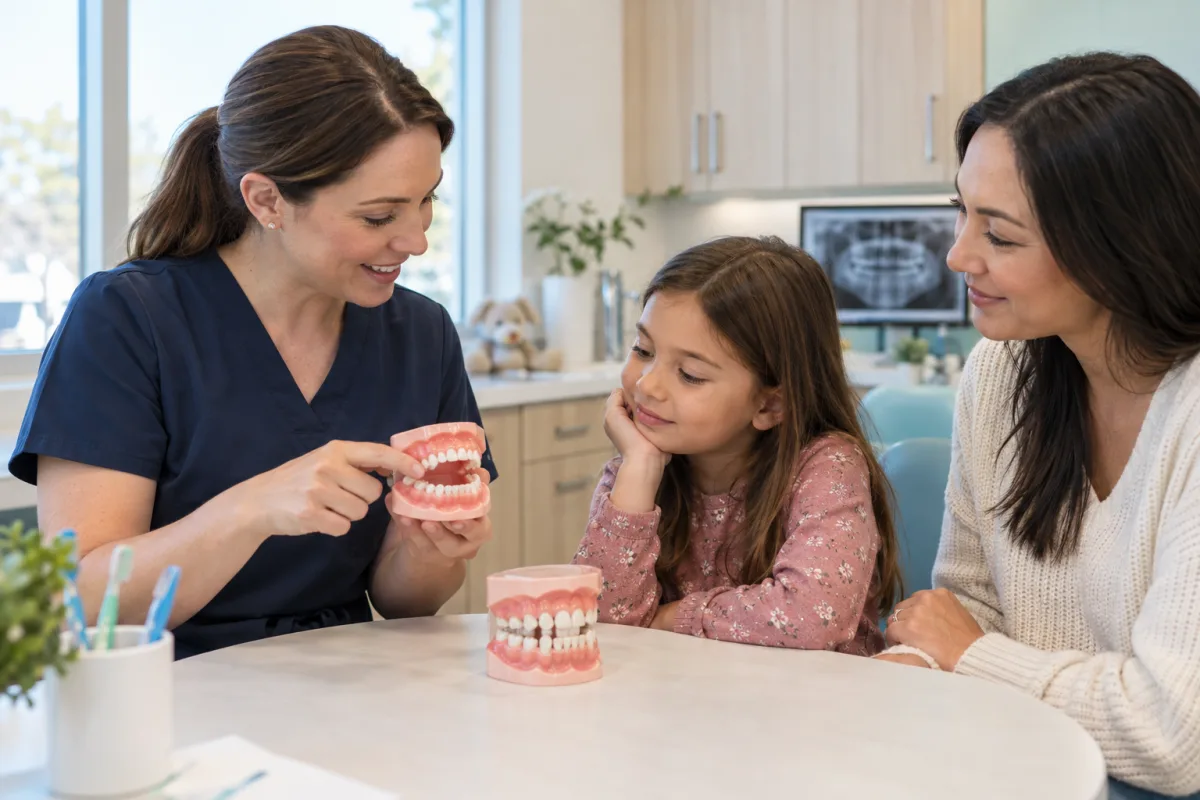 Dentist using primary and mixed-dentition models to explain dental development to a child and parent