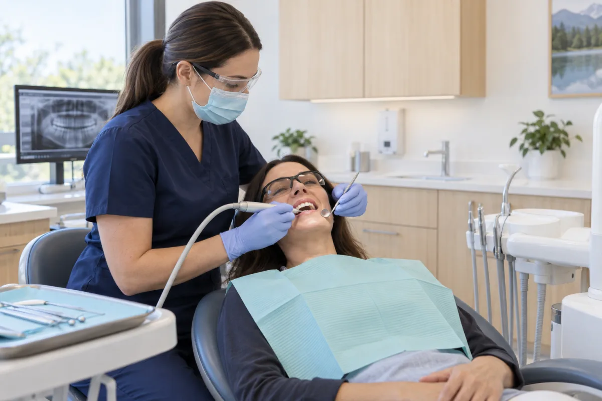 Dental hygienist performing careful periodontal maintenance cleaning for an adult patient