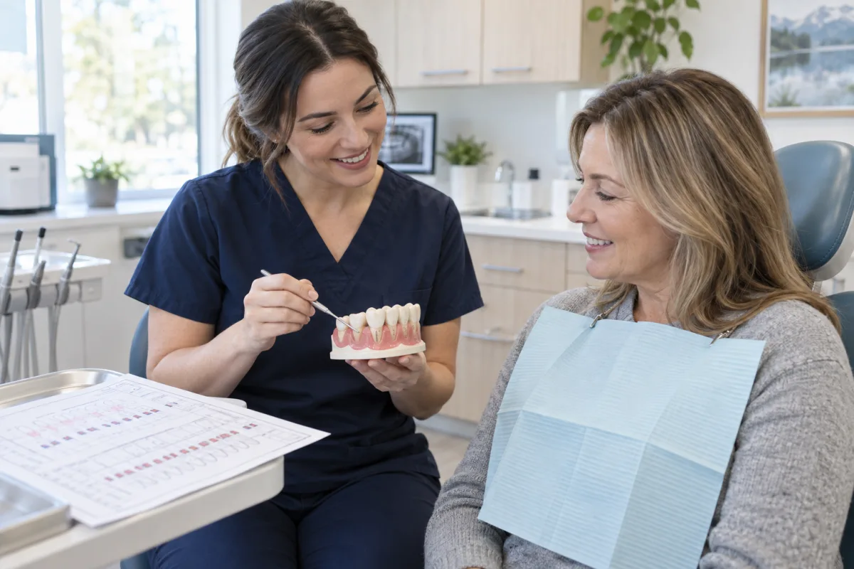 Dental hygienist reviewing gum health and periodontal maintenance with an adult patient