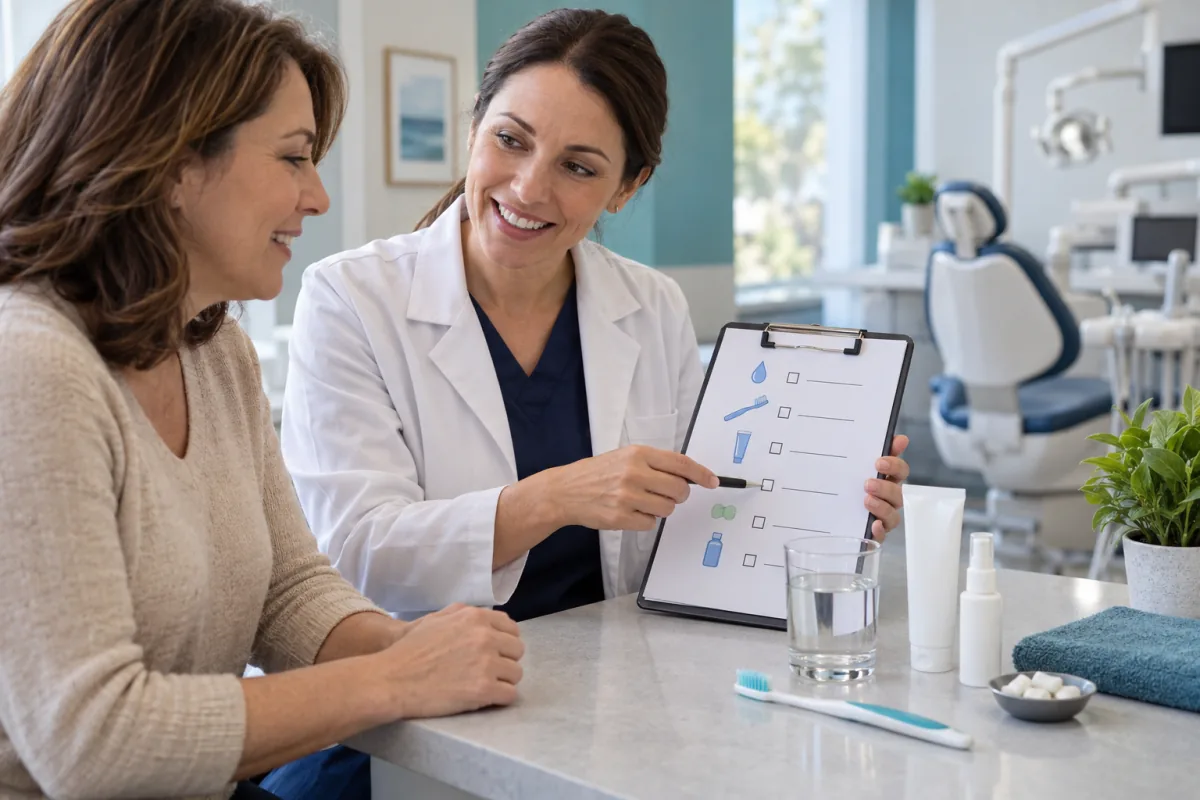 Dentist reviewing a personalized dry mouth care plan with water, toothbrush and unbranded moisturizing products