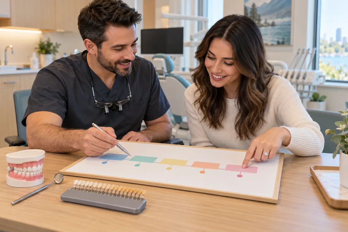 Dentist and engaged patient arranging dental options along a calendar before a wedding