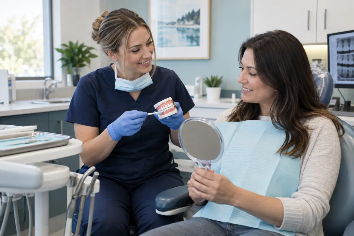 Dental hygienist showing an adult patient how to clean effectively with a toothbrush and tooth model