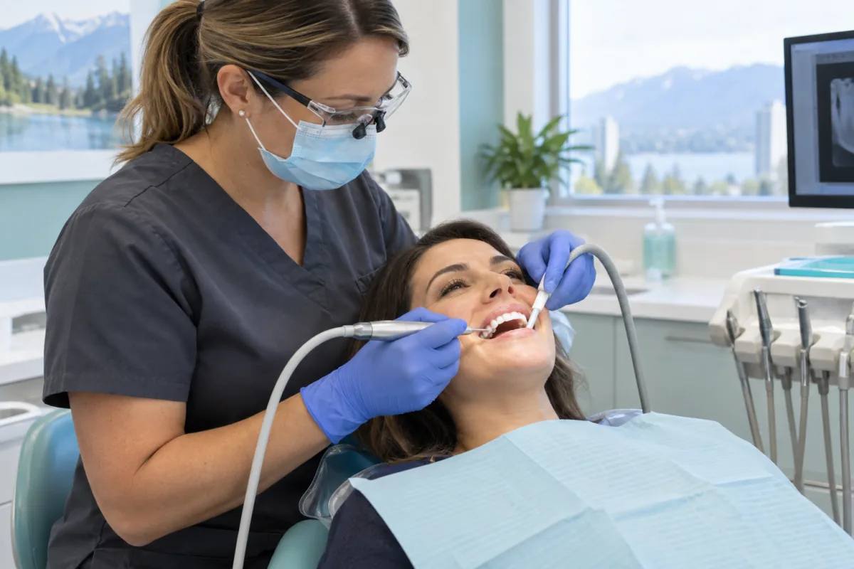 Dental hygienist performing a professional cleaning with protective equipment and gentle suction