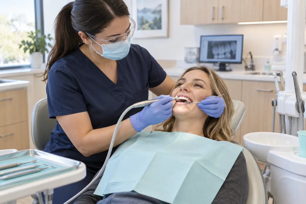 Dental hygienist gently polishing an adult patient’s teeth during a professional cleaning