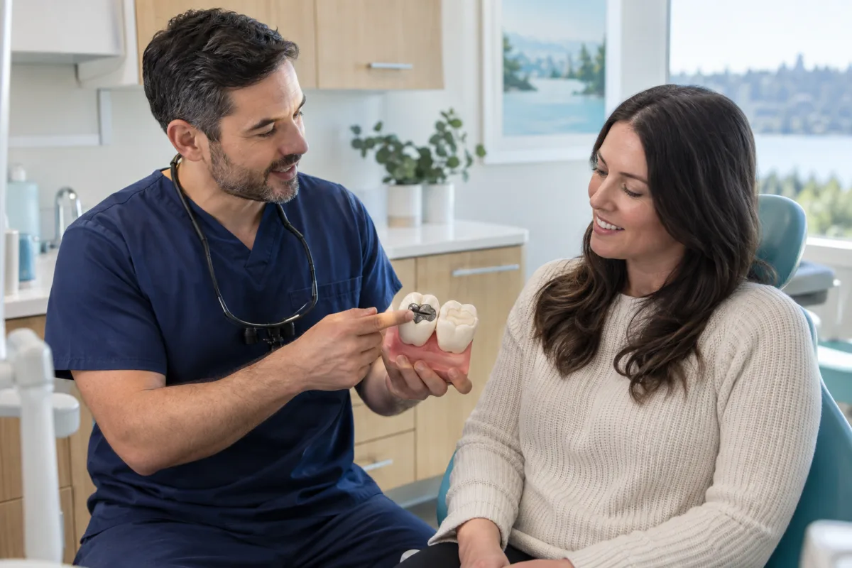 Dentist showing an adult patient an educational model of an older dark dental filling