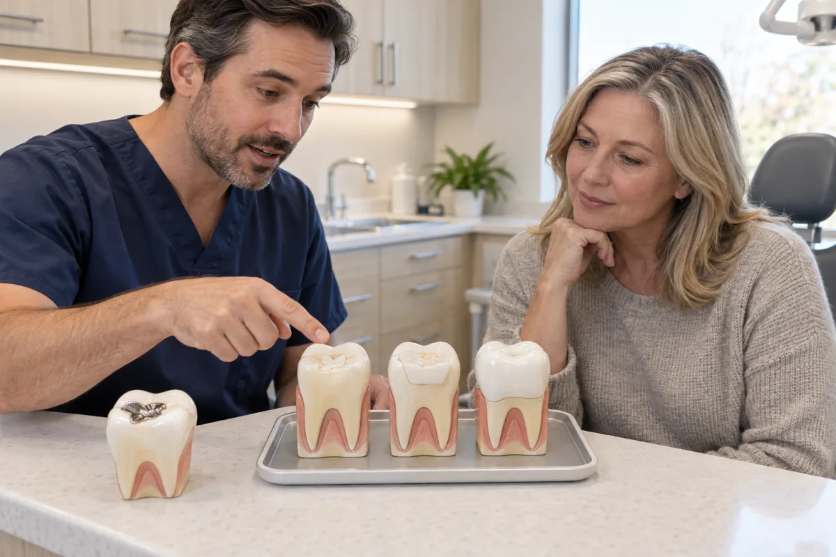 Dentist comparing a tooth-coloured filling, ceramic onlay and crown with an adult patient