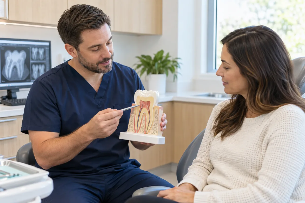 Dentist using a tooth model to explain the pulp and root canals to an adult patient