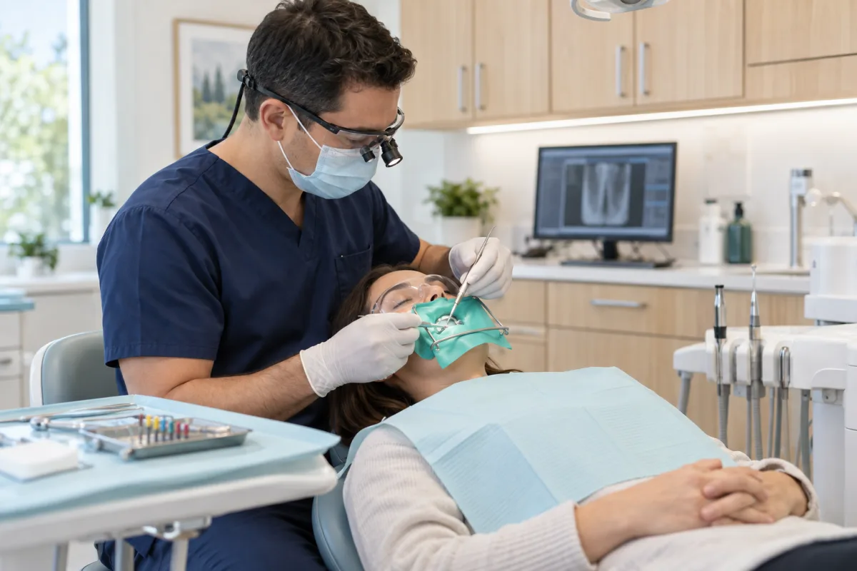 Dentist performing careful root canal treatment for a relaxed adult patient