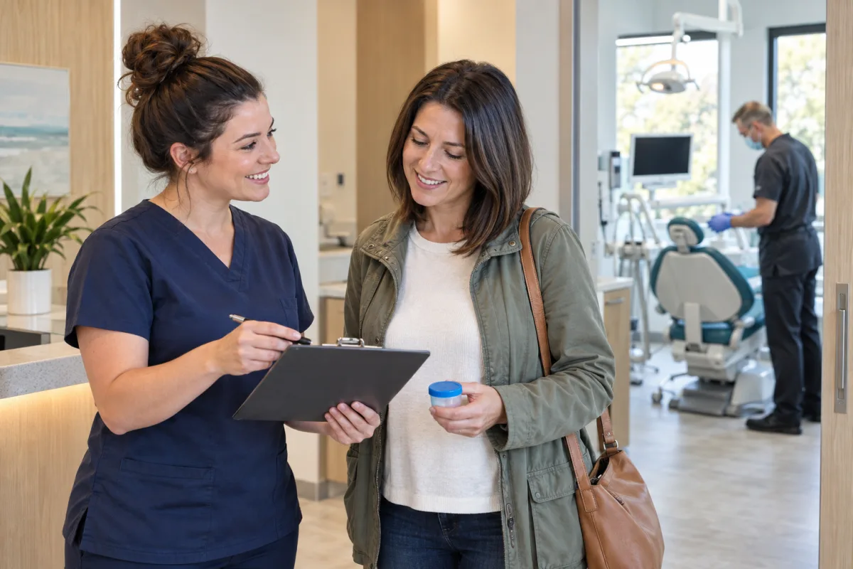 Dental team welcoming an adult patient for a scheduled same-day emergency assessment