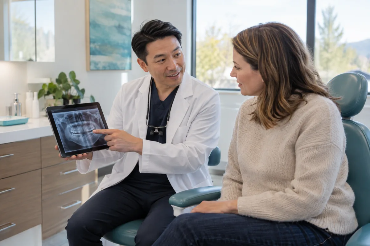 Dentist reviewing a dental X-ray with a patient during a calm second-opinion consultation