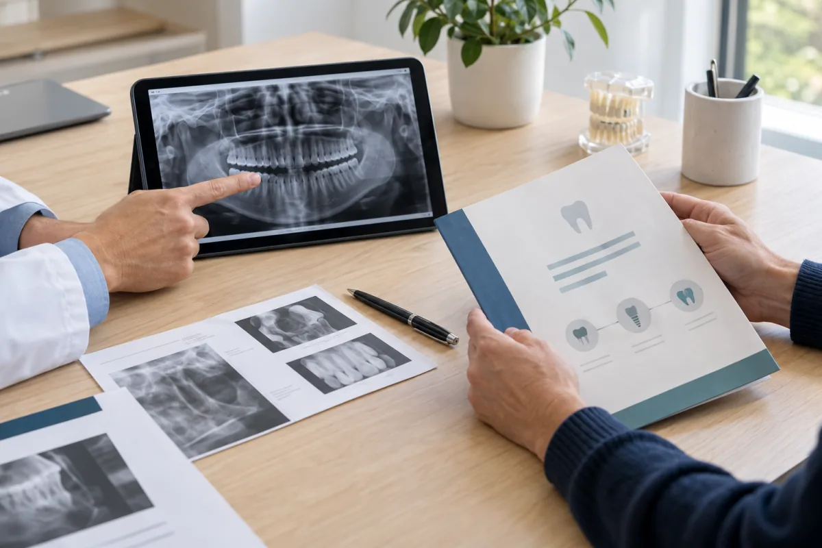 Dentist and patient reviewing dental X-rays and an organized treatment plan together