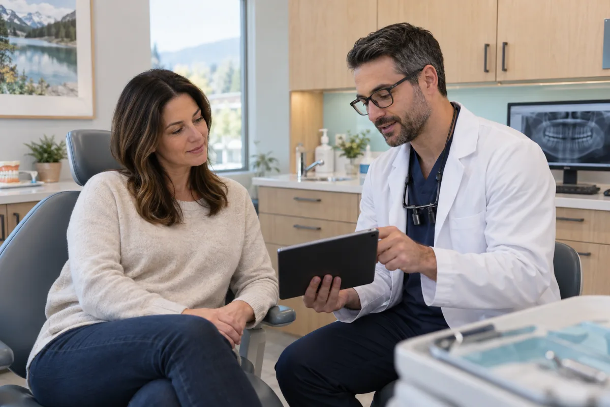 Dentist reviewing medical history and dental anxiety concerns with an adult patient before discussing sedation