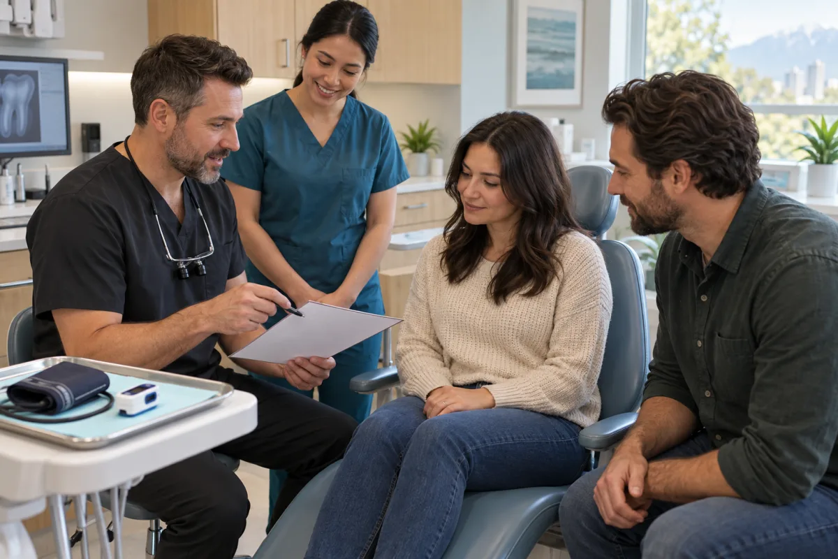 Dental team explaining sedation monitoring and responsible-adult recovery instructions to a patient