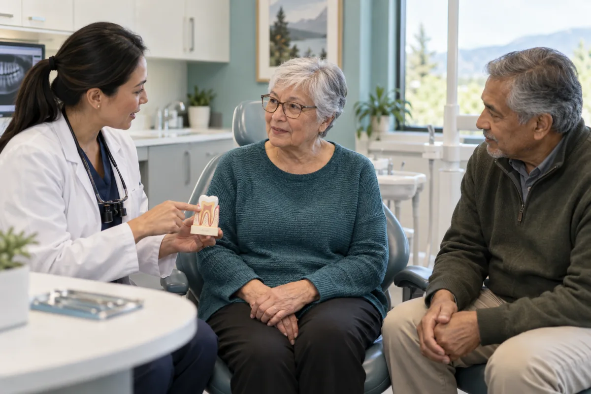 Older adult patient at the centre of a dental care discussion with a dentist and supportive caregiver