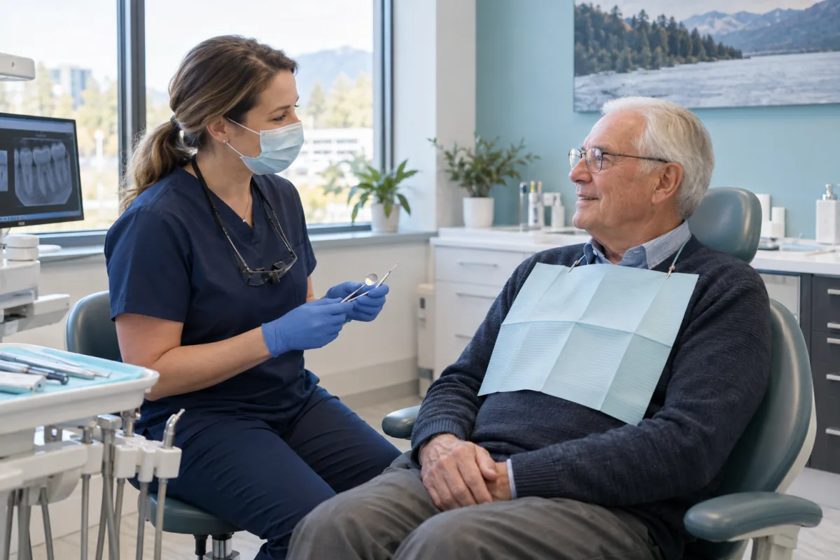 Dental professional speaking at eye level with an older adult patient before a comfortable check-up