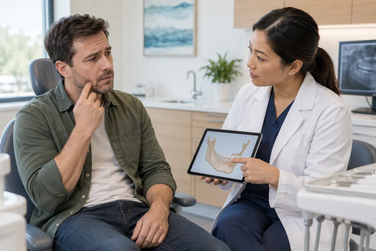 Dentist listening as an adult patient describes the location and pattern of severe tooth pain