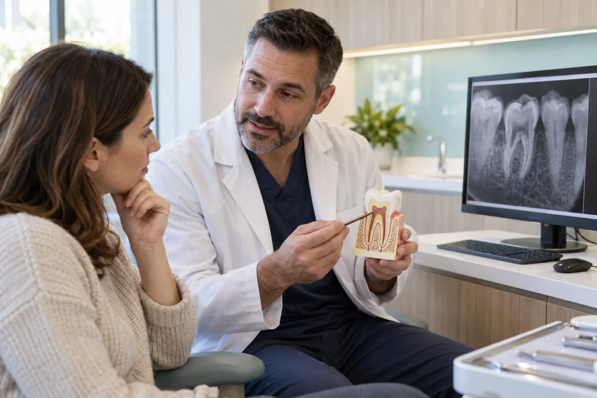 Dentist reviewing a focused dental X-ray and diagnostic findings with a patient experiencing tooth pain