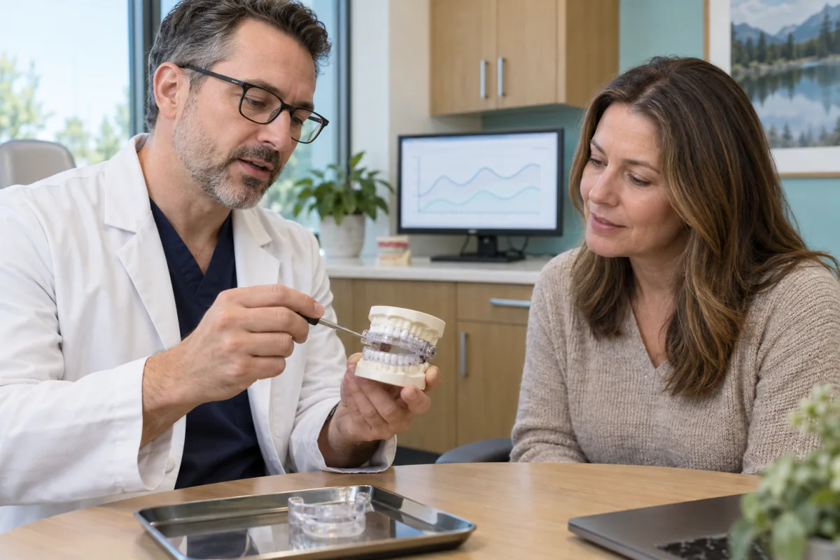 Dentist checking the fit and adjustment of a custom sleep apnea oral appliance during follow-up