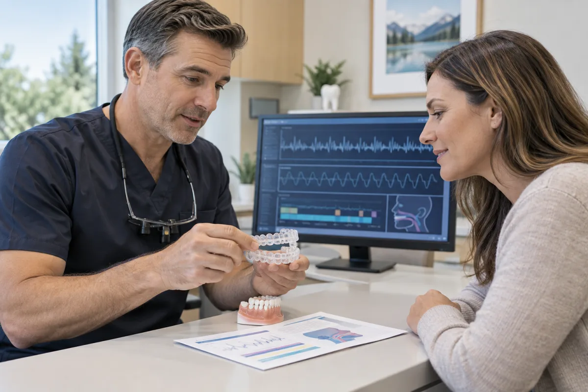 Dentist reviewing a physician’s sleep apnea diagnosis and a custom oral appliance with an adult patient