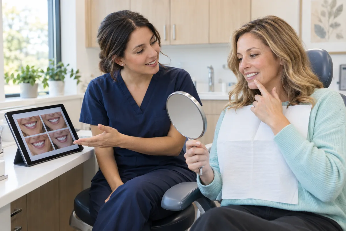 Dentist listening as an adult patient explains her smile makeover goals using a mirror and photographs