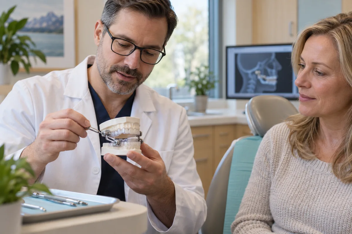 Dentist adjusting a custom mandibular-advancement snoring appliance on a dental model