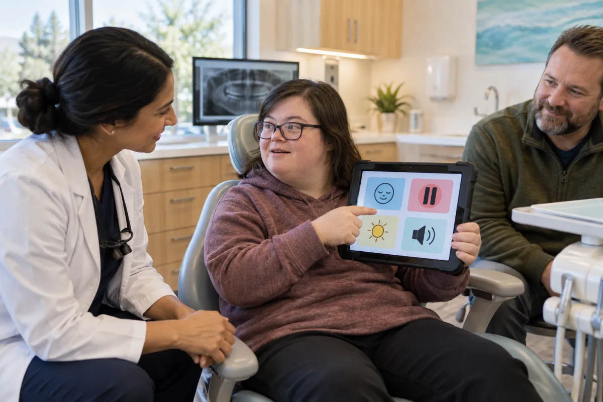 Adult patient using a communication aid while a dentist listens and a support person sits nearby
