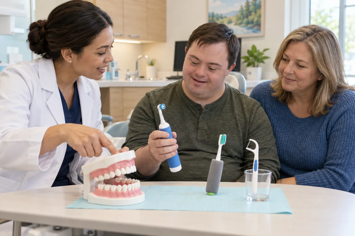 Dentist showing an adult patient and caregiver adapted toothbrush handles for daily oral care