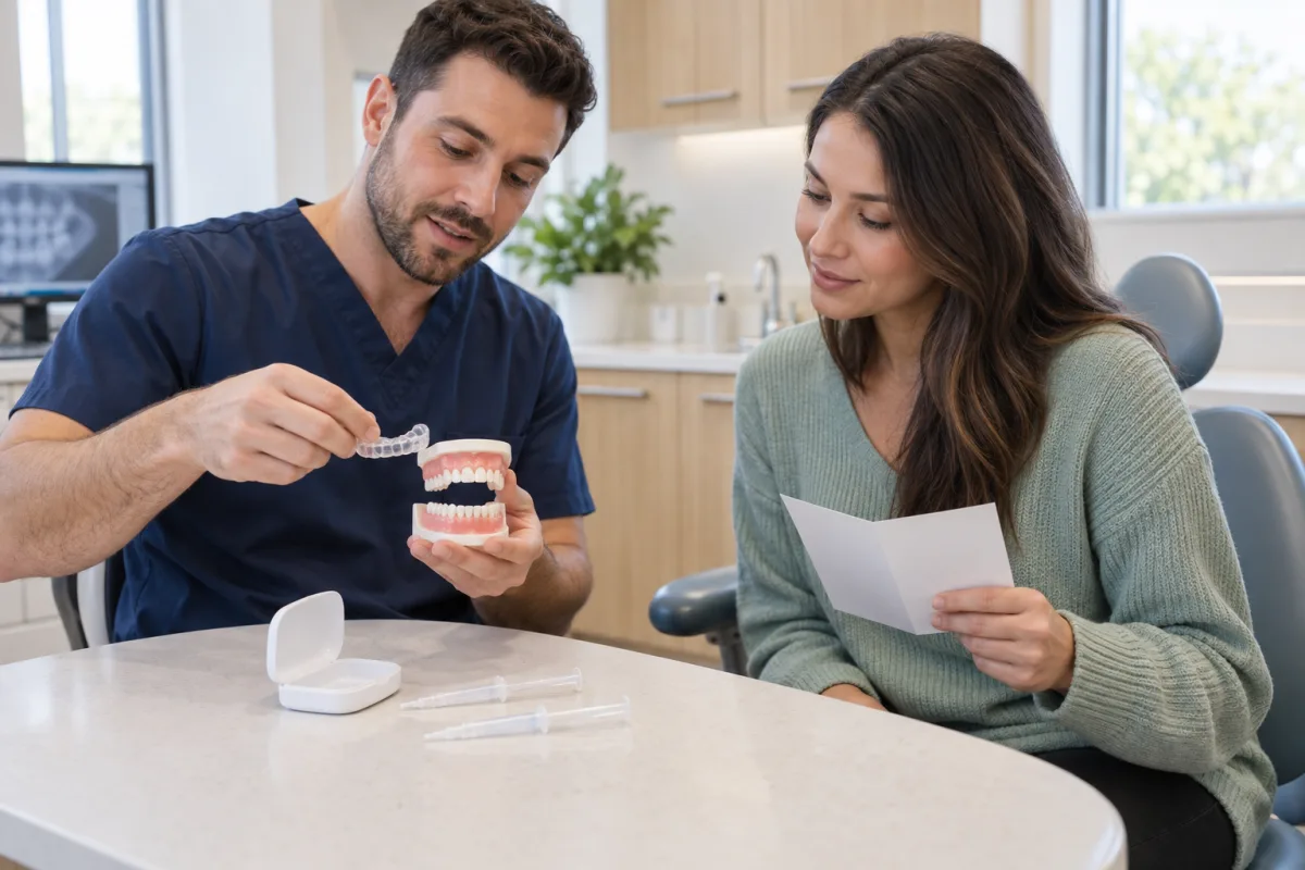 Dentist showing an adult patient how to use a custom take-home whitening tray