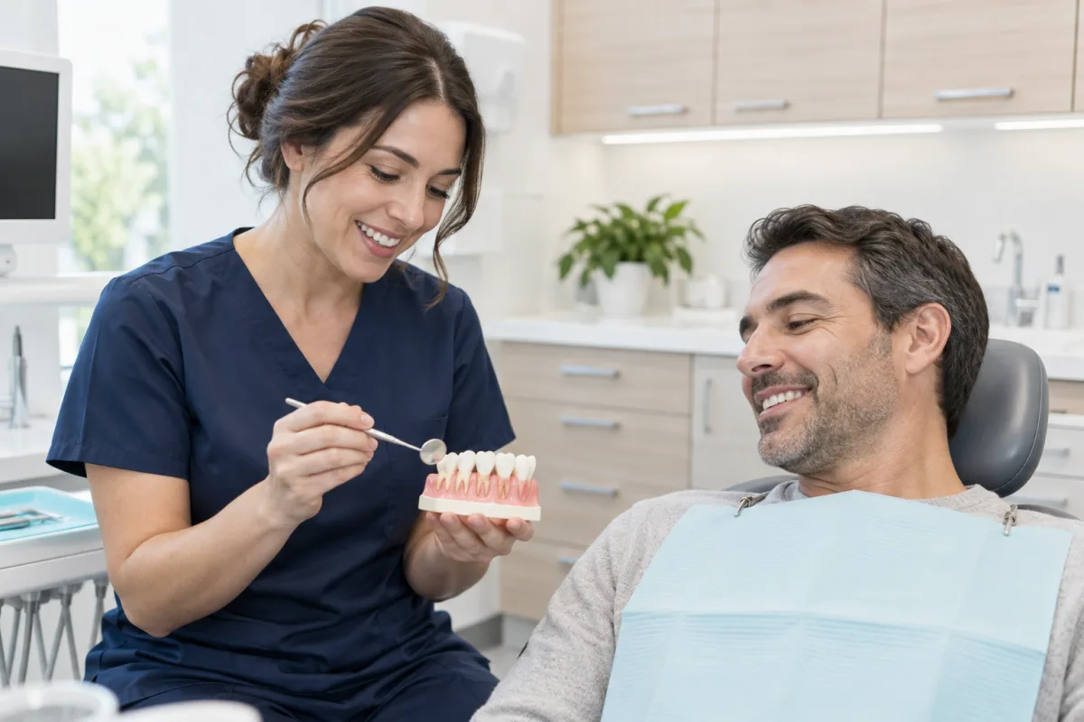 Dental hygienist explaining gum health before a routine teeth cleaning