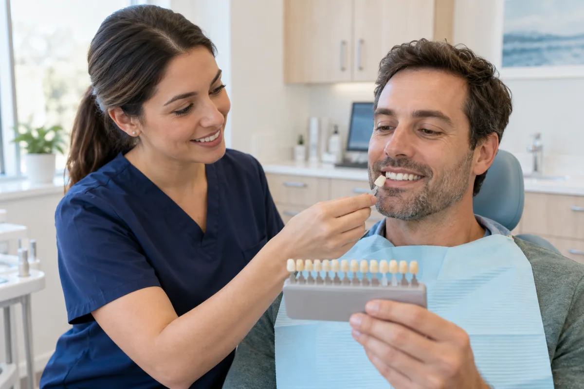 Dentist assessing an adult patient's tooth shade before professional whitening
