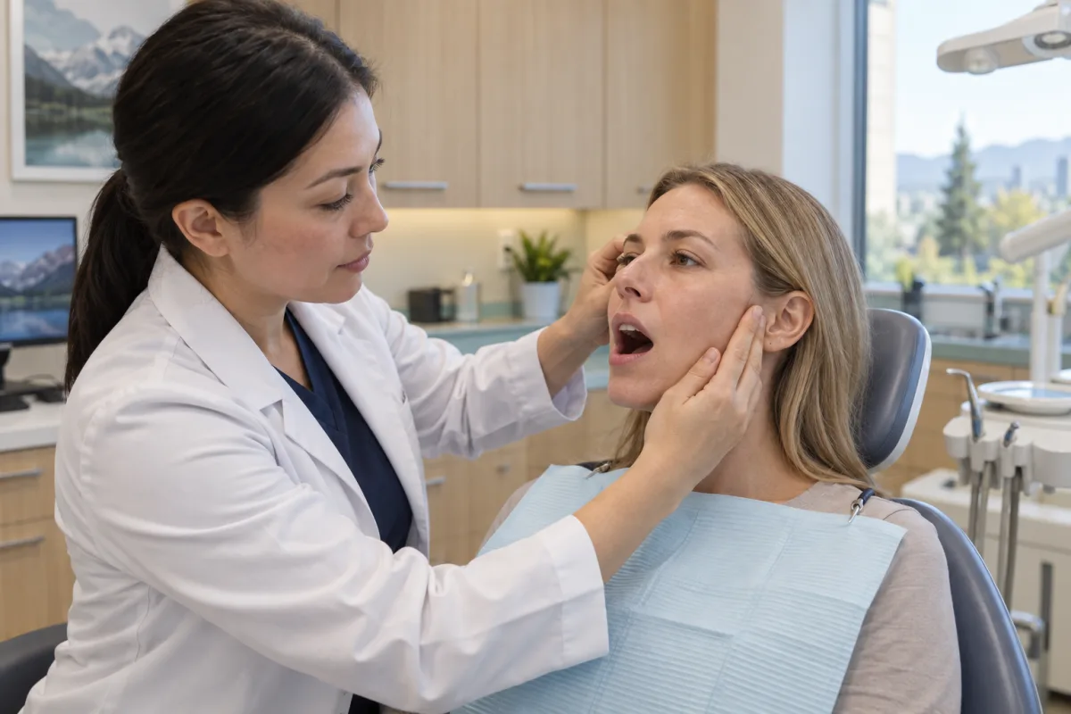 Dentist observing jaw opening and gently assessing the chewing muscles during a TMJ consultation