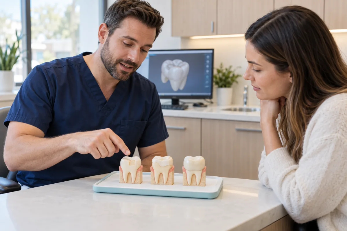 Dentist comparing models of a filling, ceramic onlay and dental crown with an adult patient