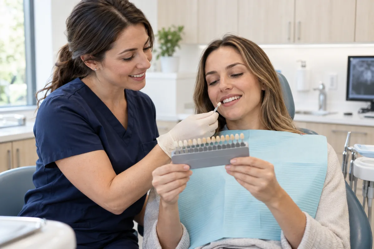 Dentist and adult patient selecting a shade for a natural-looking tooth-coloured restoration