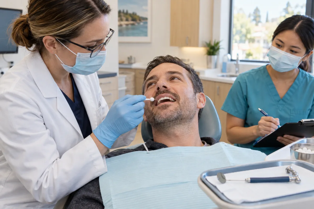 Dentist performing controlled cold and bite testing to identify the source of a sensitive tooth