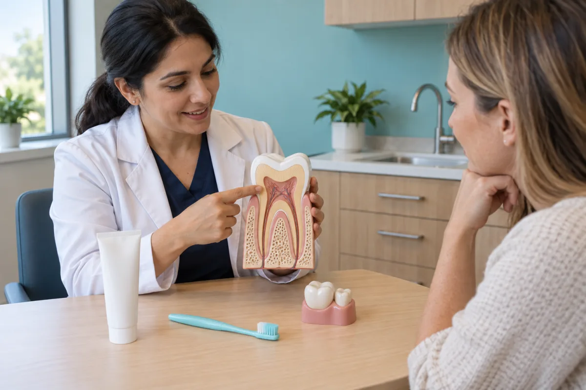 Dentist explaining desensitizing toothpaste, fluoride and restorative options for tooth sensitivity